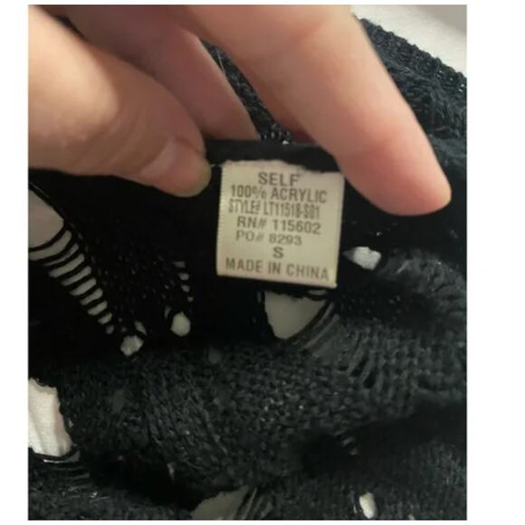 Boho Gothic Punk Open Knit Crochet Long Sleeve Cold Shoulder Top Lush Black S - Picture 5 of 8